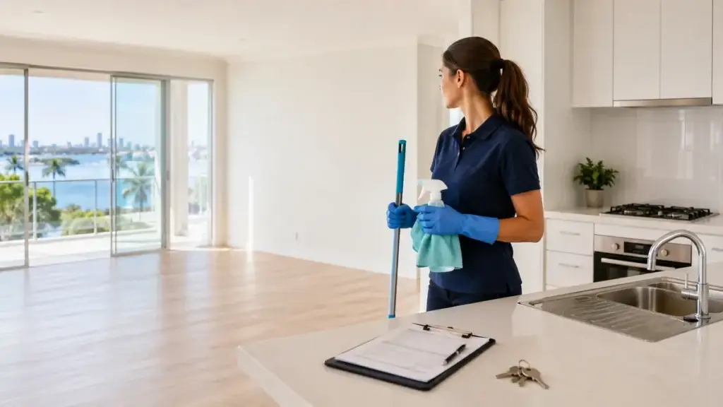 A cleaner in a navy polo and blue rubber gloves holds a mop and spray bottle in an empty, sunlit apartment kitchen in WA.