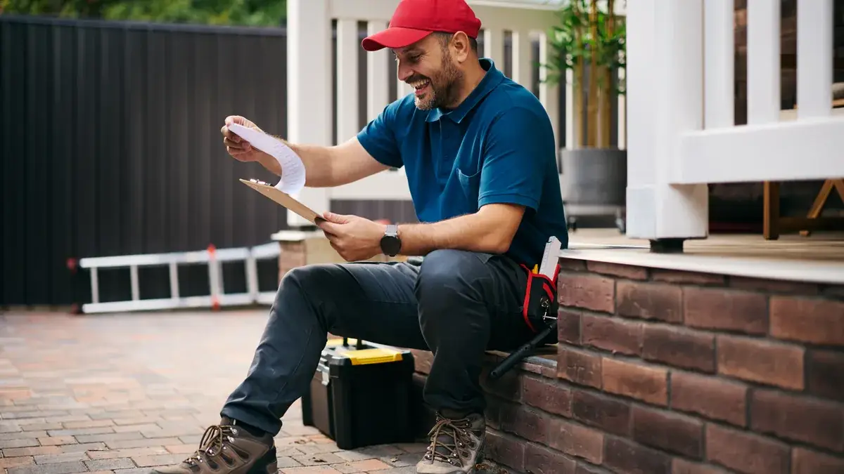 Smiling home service provider reviewing job paperwork on a clipboard outside an Australian brick home