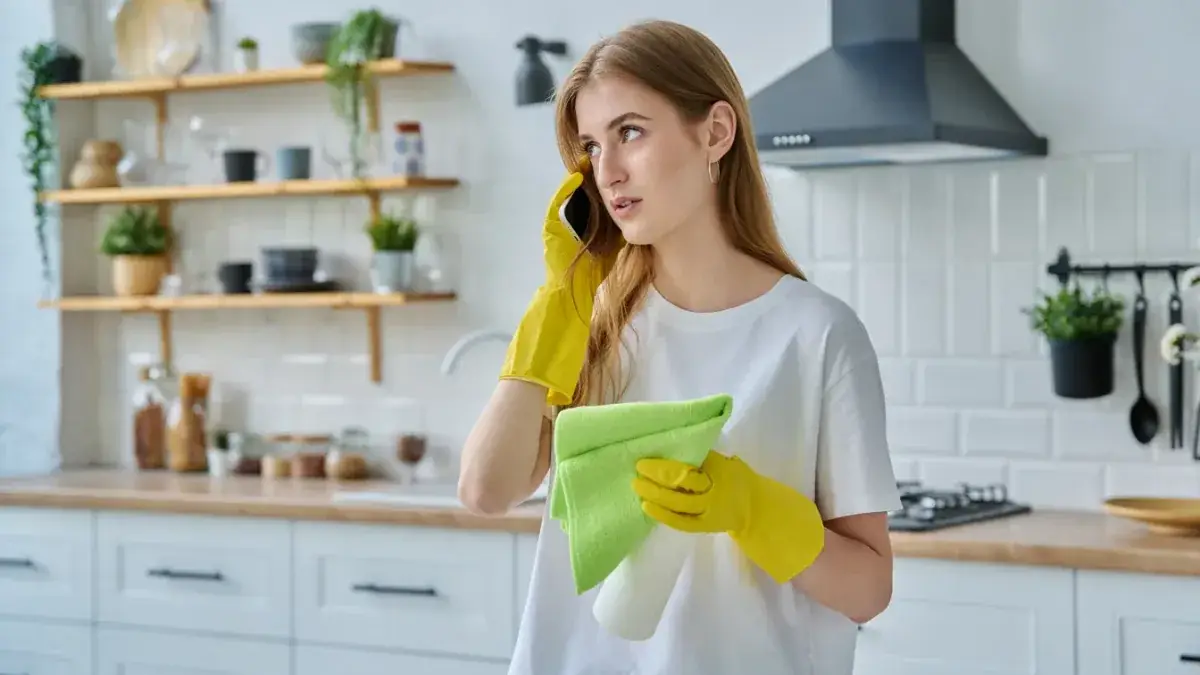 Woman in yellow rubber gloves holding a cloth and spray bottle while on a phone call in a kitchen