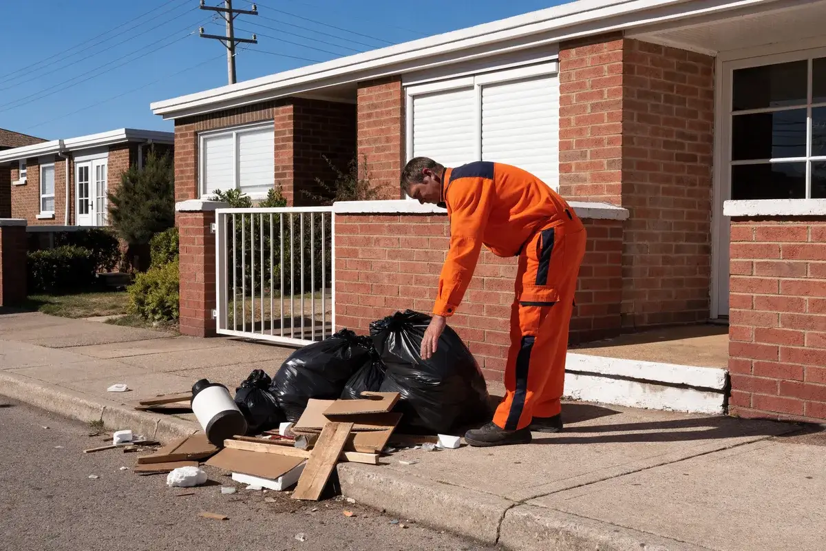 Worker in orange overalls collecting black rubbish bags from kerbside, Cannington, Perth