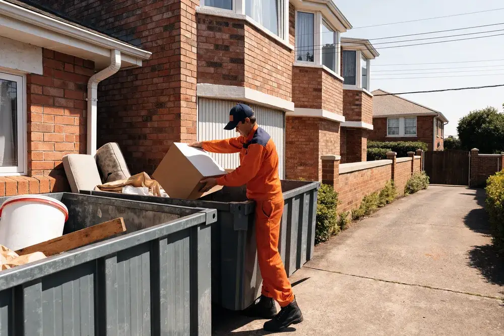 Worker in orange overalls placing cardboard box into skip bin, Cannington, Perth